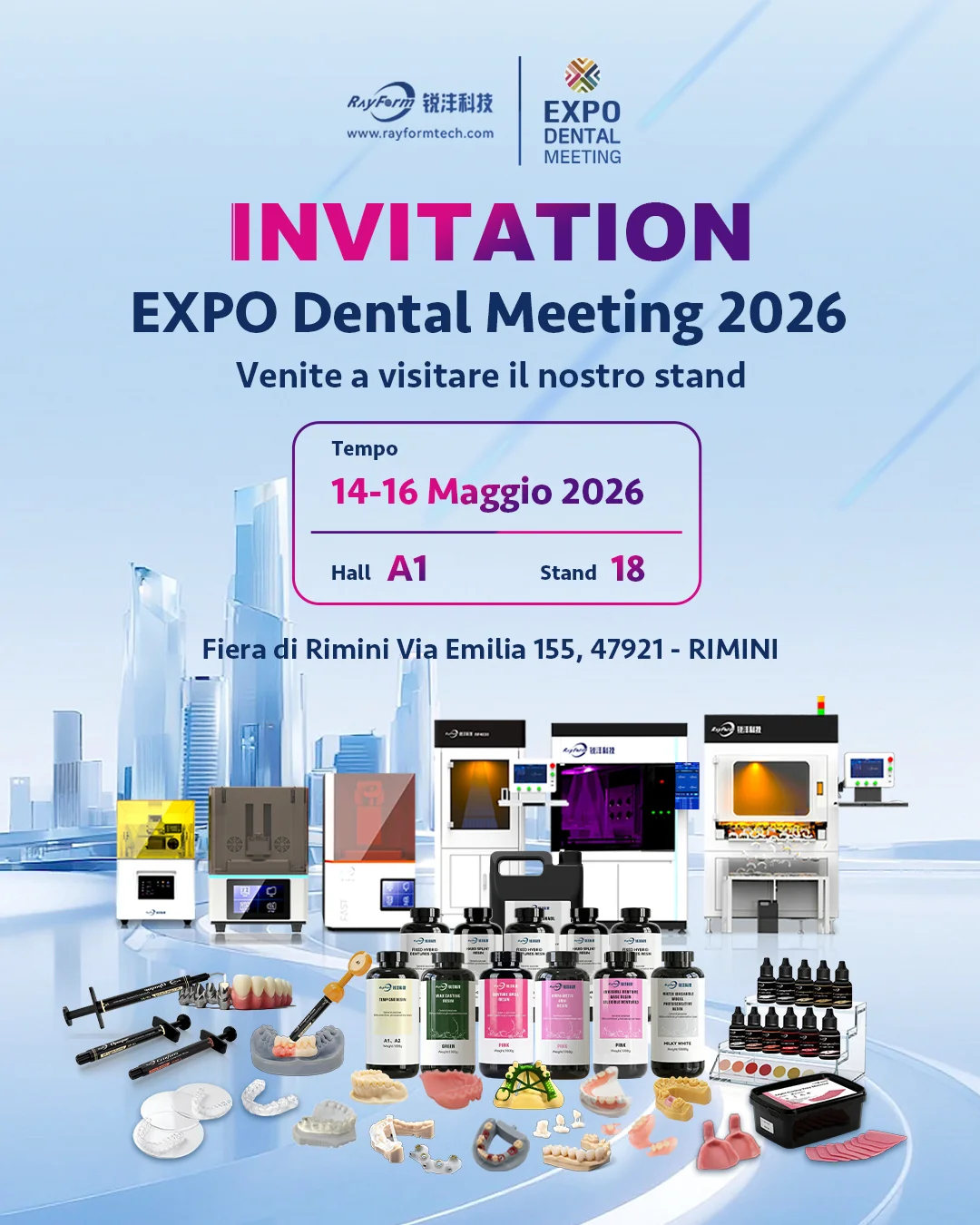 RayForm dental 3D printing product showcase poster for Morocco Dental Expo and Expodental Meeting Rimini May 2026