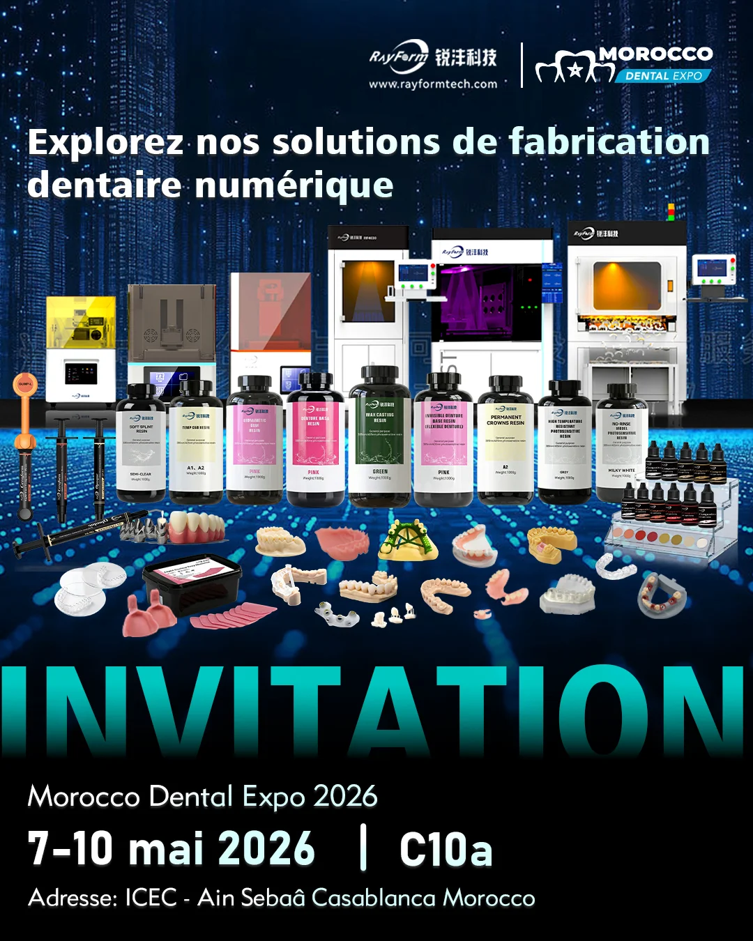RayForm dental resin and printer lineup poster for Morocco Dental Expo and Expodental Meeting Rimini May 2026