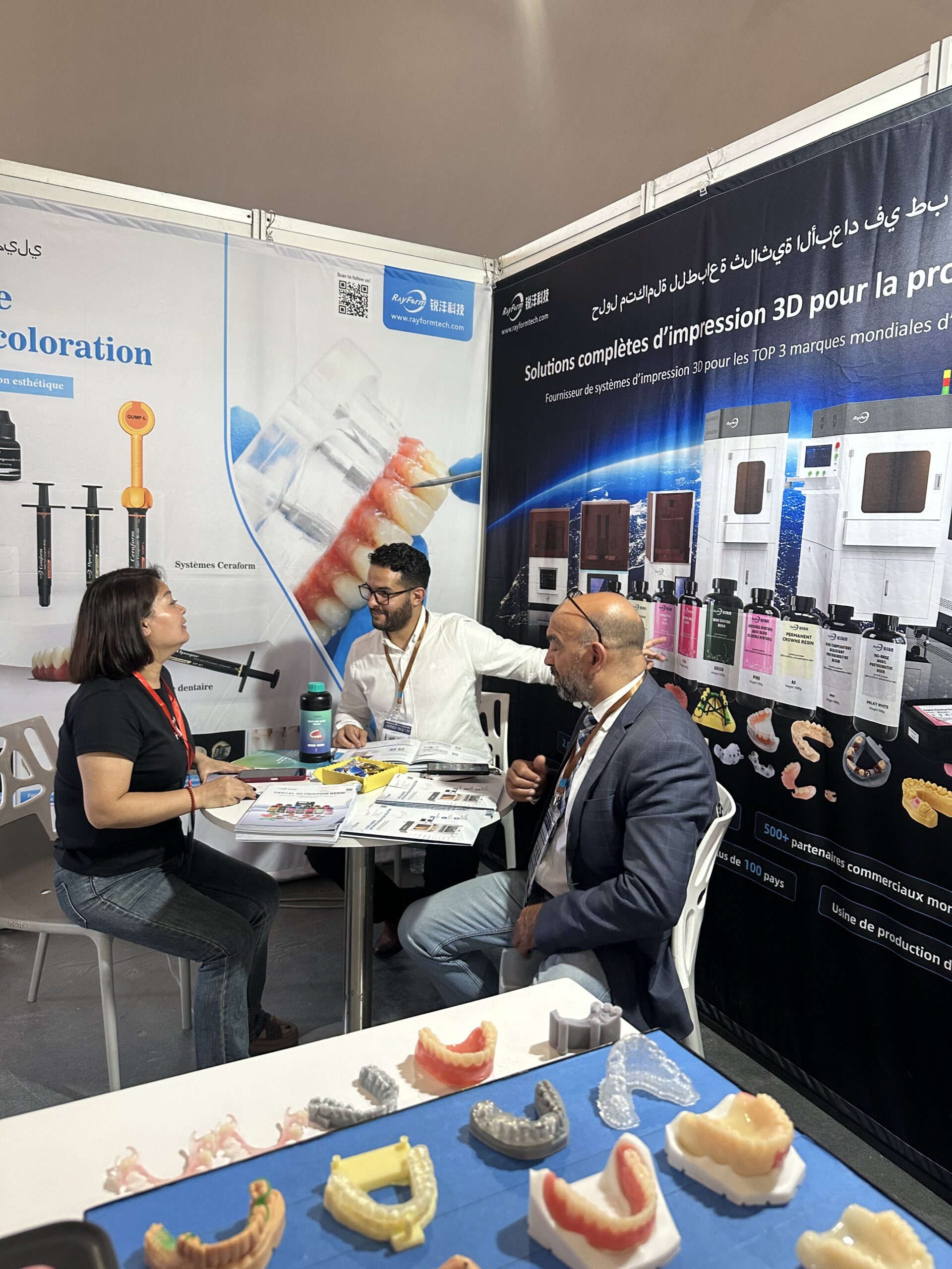 RayForm dental 3D printing resin samples displayed at Stand C10a, Morocco Dental Expo 2026
