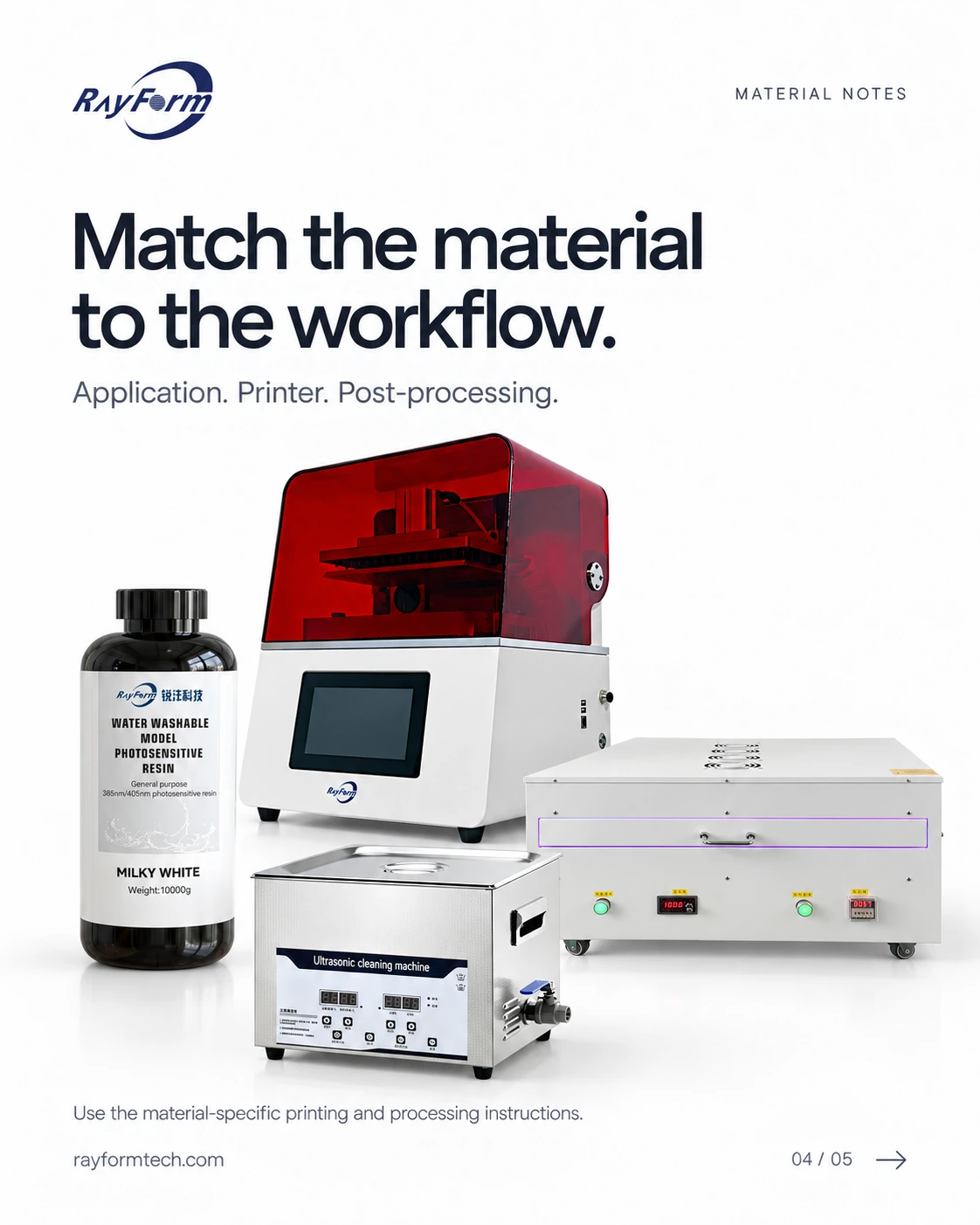Illustrative RayForm resin bottle, dental printer and post-processing equipment