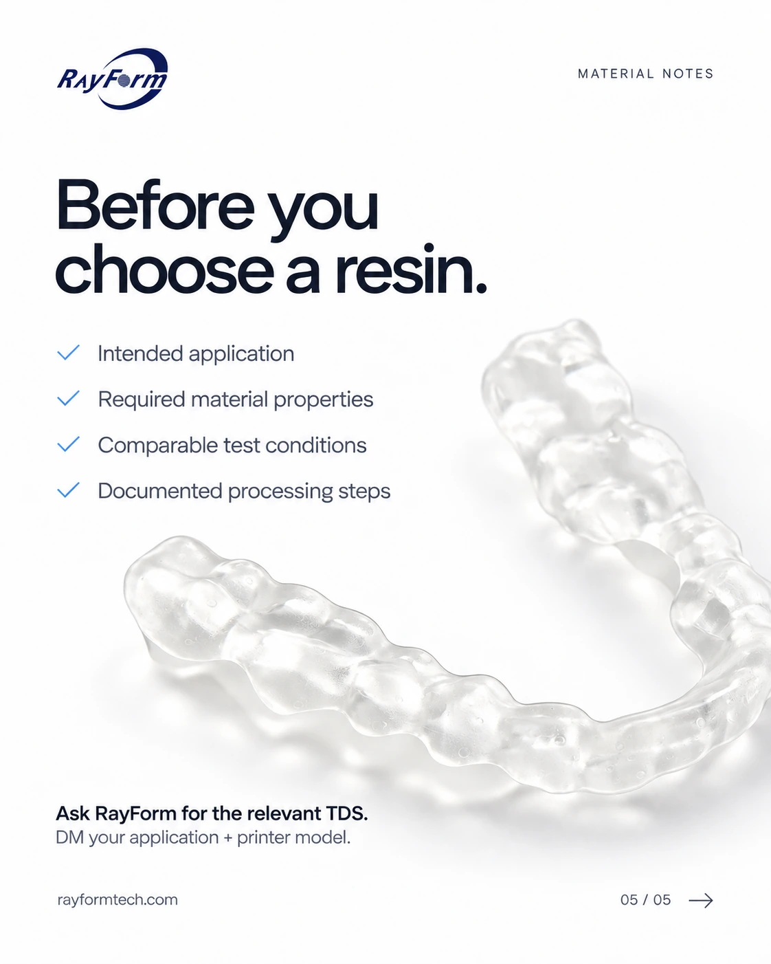 Dental resin selection checklist covering application, properties, conditions and processing