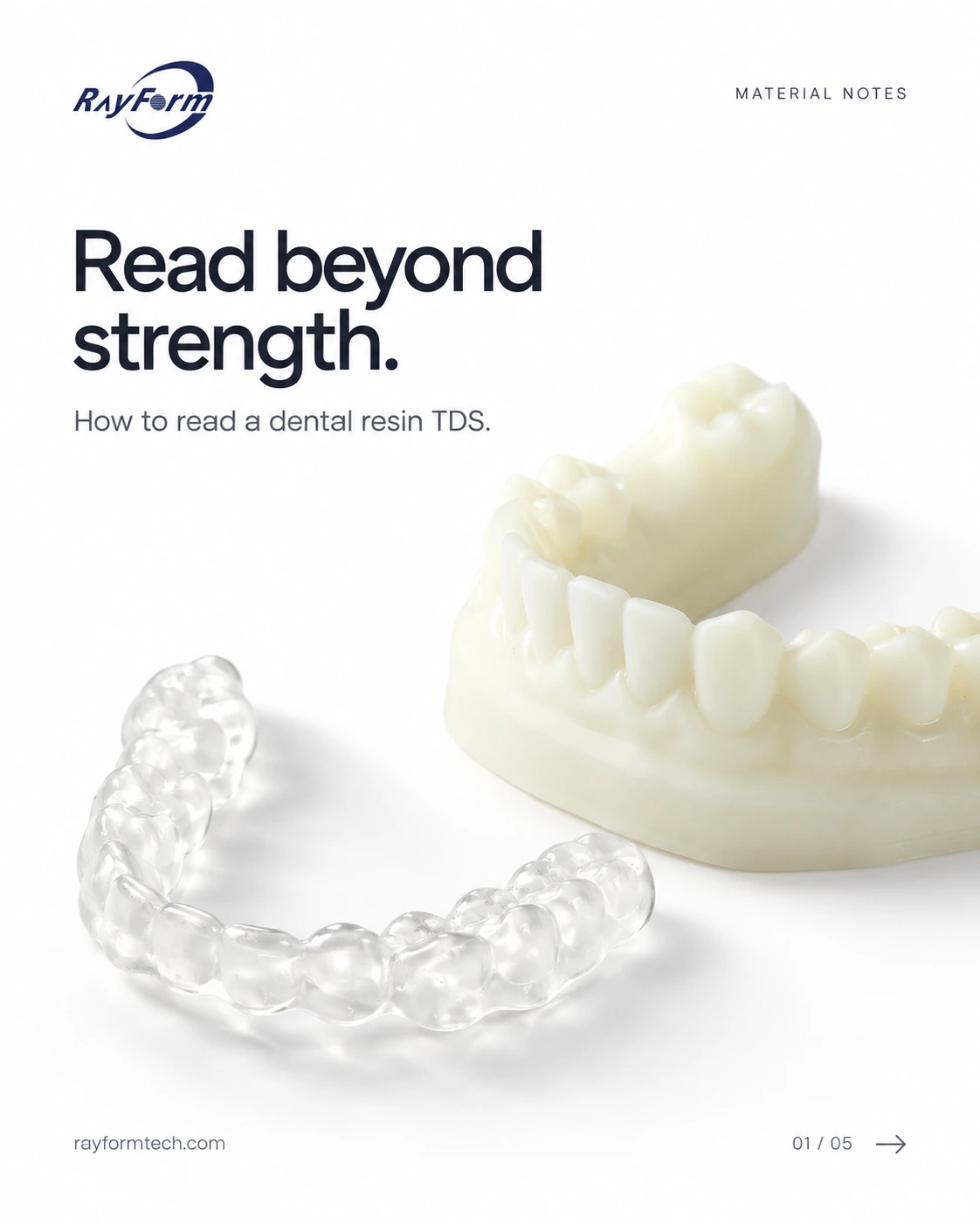 Dental resin TDS guide illustrated with a dental model and transparent splint