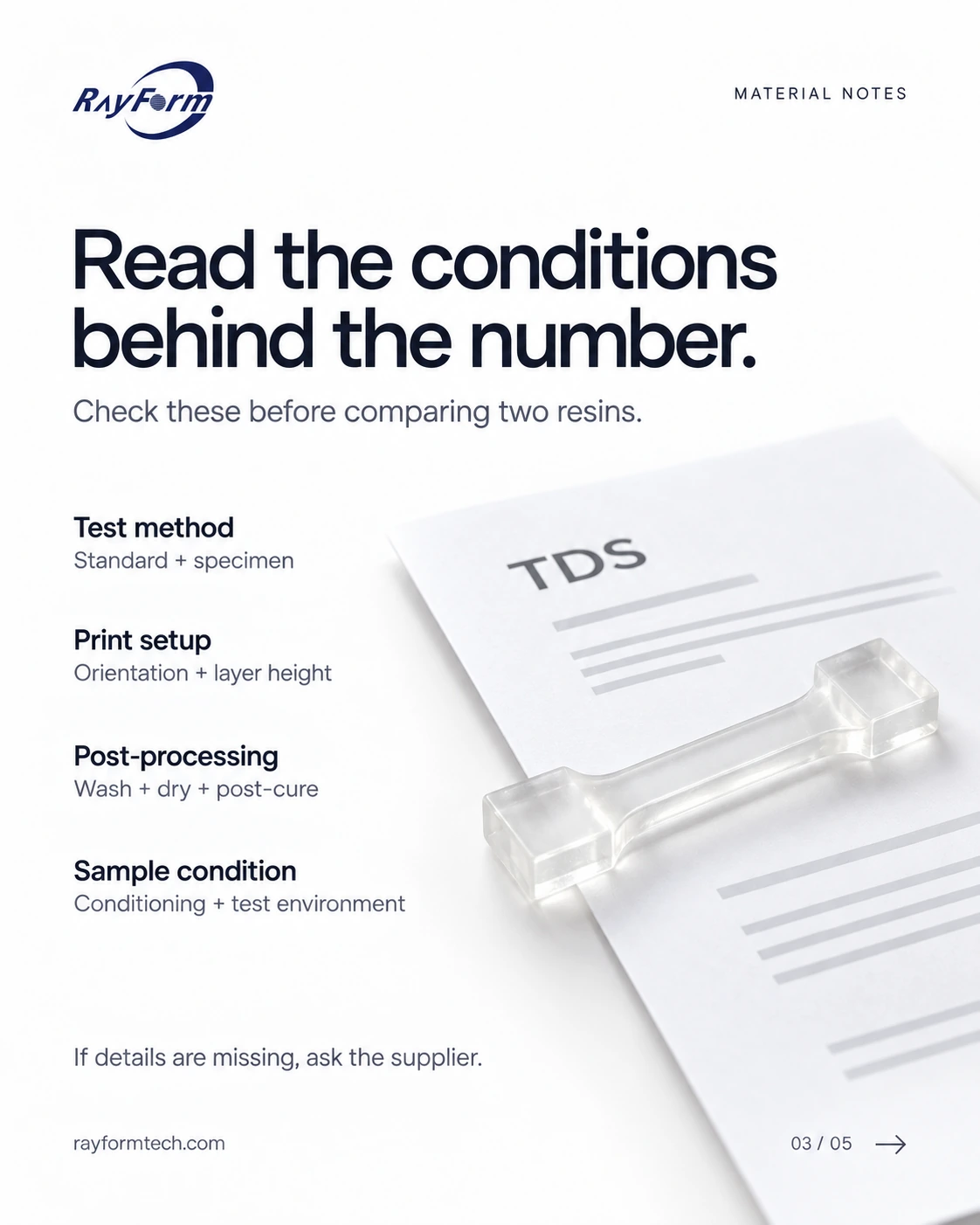 Checklist of resin test methods, printing, post-processing and sample conditioning