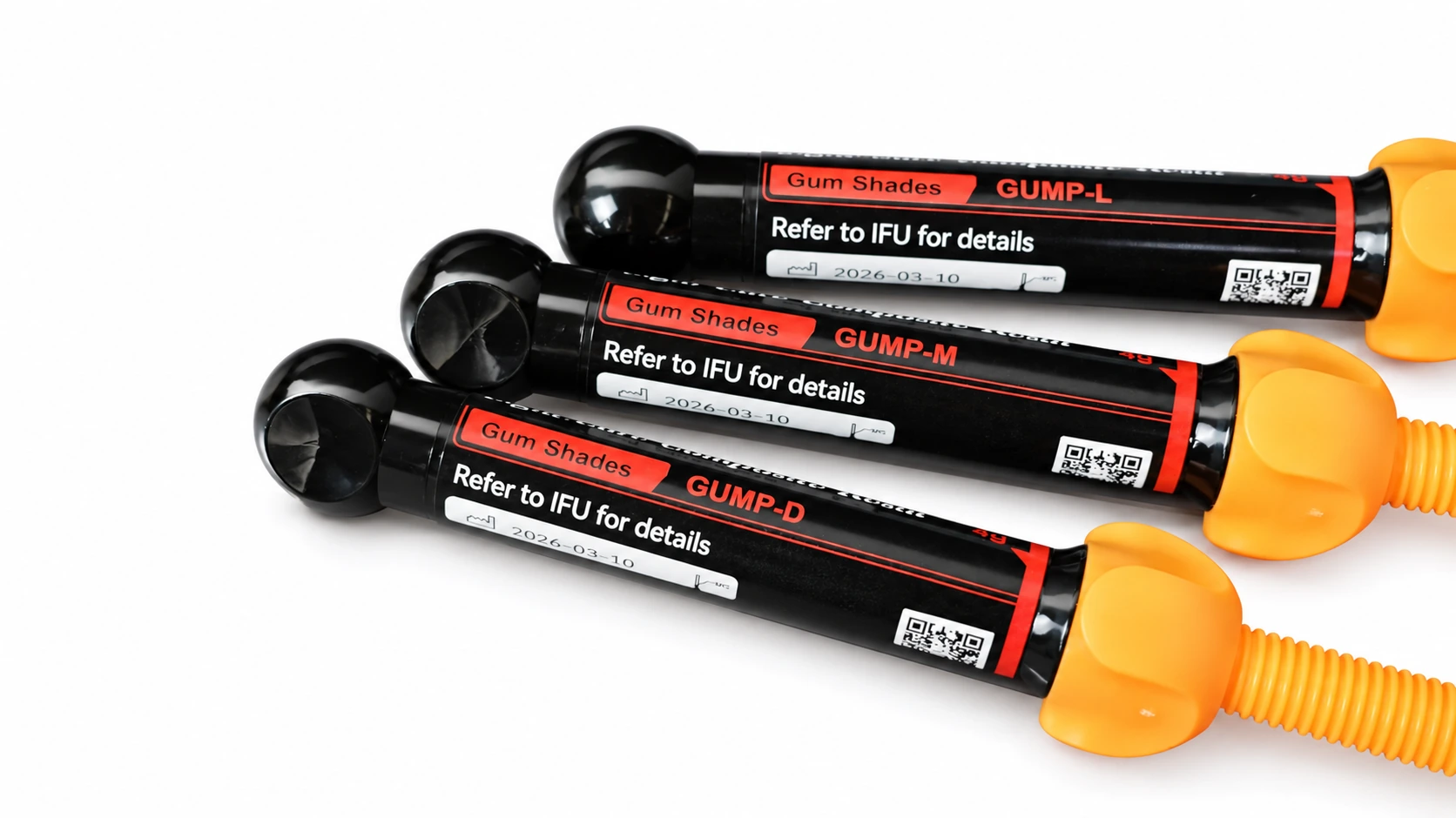 Ceraform 糊状牙龈复合针筒，带有 GUMP-L、GUMP-M 和 GUMP-D 色标