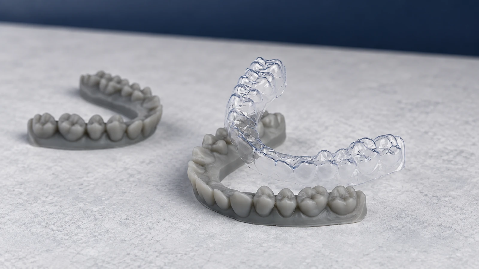 Clear aligner above a grey 3D-printed dental model, illustrating aligner manufacturing workflows