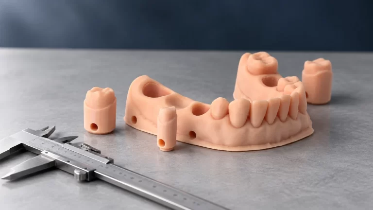 Peach-colored dental resin model with removable dies and a vernier caliper on a laboratory worktop