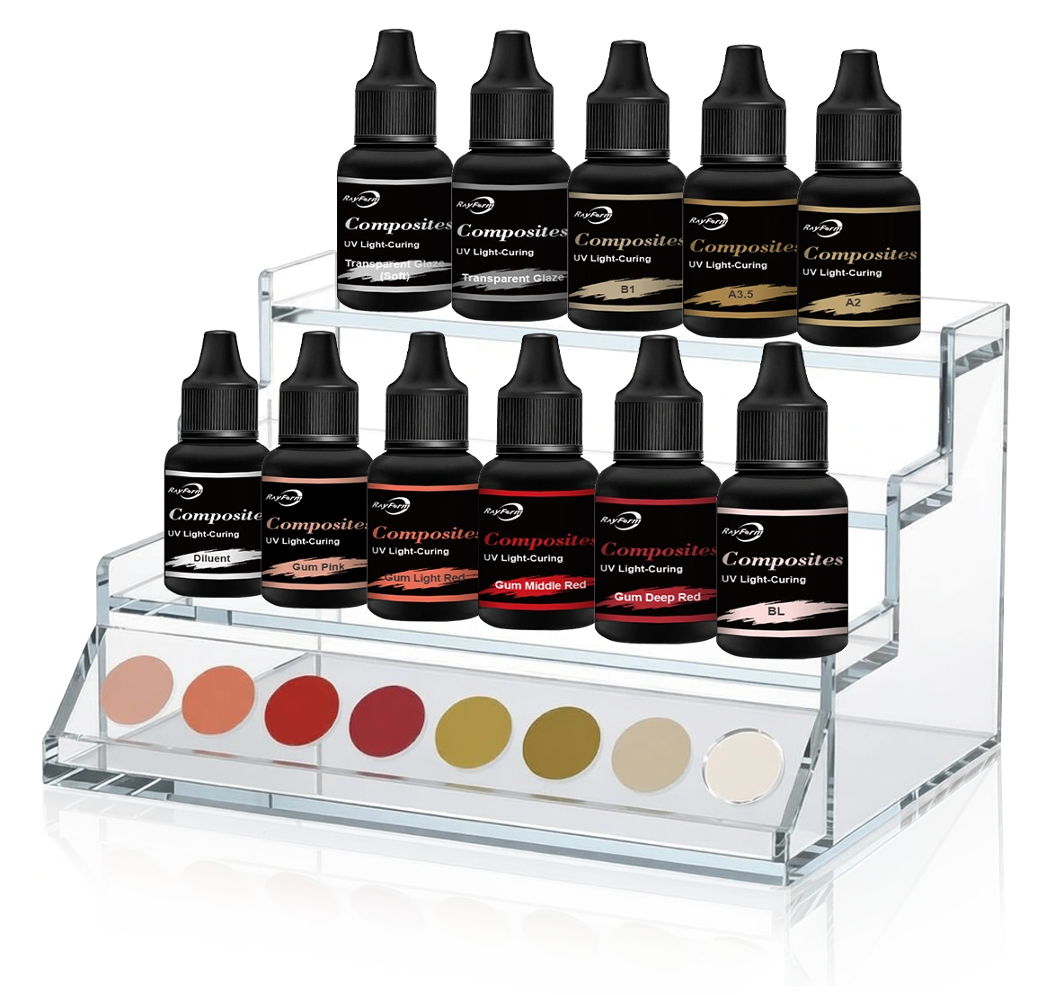 RayForm stain material packaging artwork arranged on a transparent stepped display